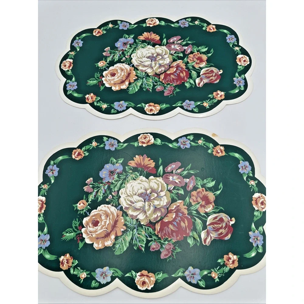 4 Vintage Town & Country Vinyl Foam Backed Placemat Floral Green, Roses